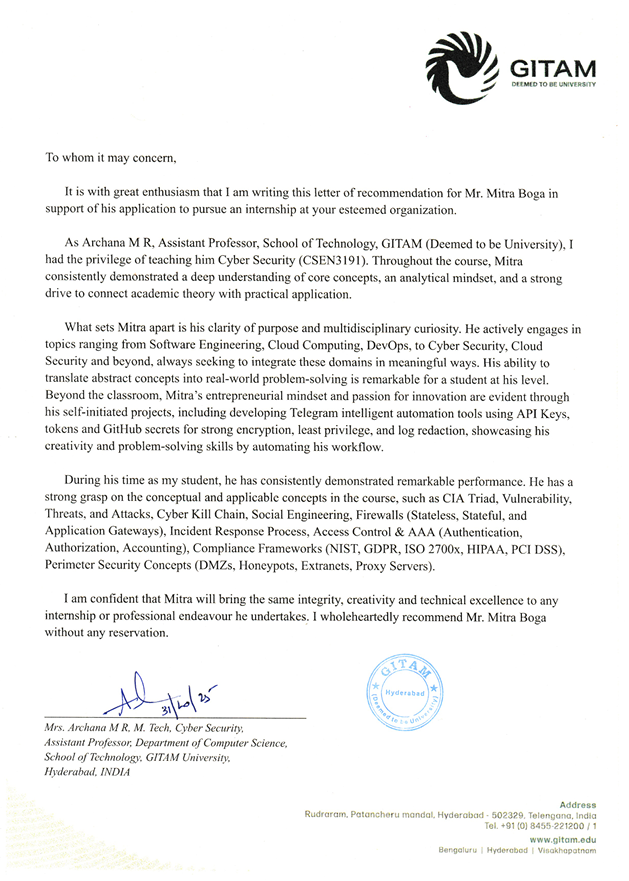 Cybersecurity professor testimonial for Mitra Boga