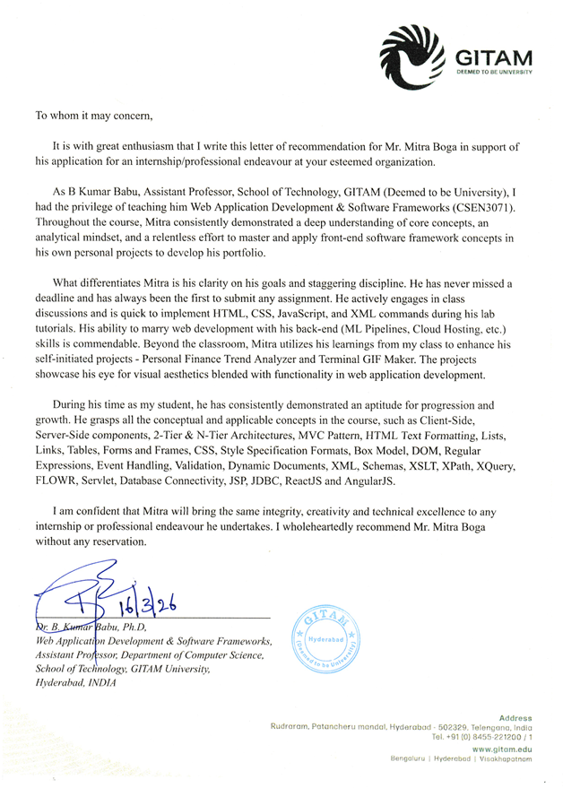 Web Application Development professor testimonial for Mitra Boga